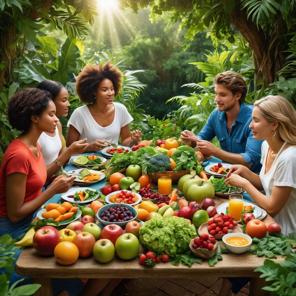 A serene scene featuring a diverse group of people sharing a healthy meal together, surrounded by lush greenery symbolizing nature's healing power. Include elements like vibrant fruits and vegetables, journals reflecting emotional growth, and gentle sunlight filtering through leaves, creating a positive atmosphere. The focus is on connection, nutrition, and emotional support. super-realistic. vibrant colors. peaceful background.