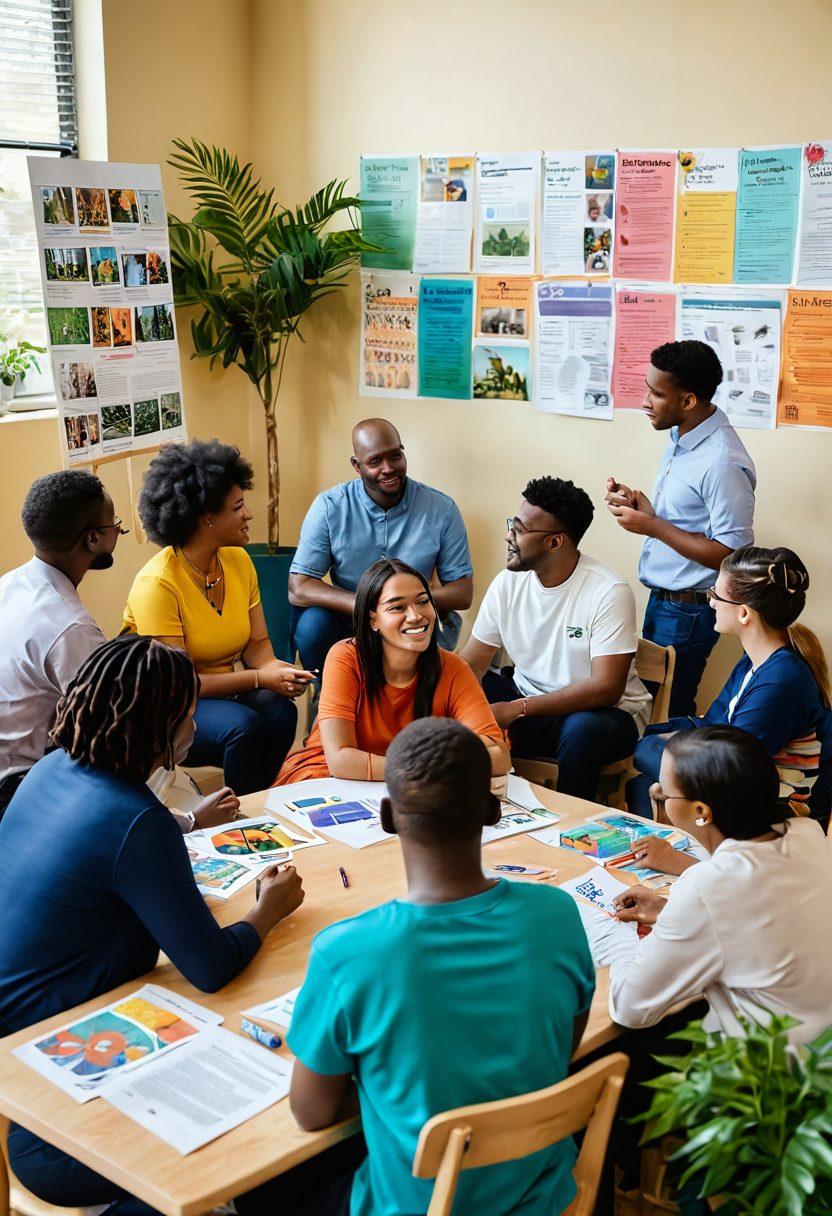 A diverse group of people engaging in a community workshop, surrounded by literature on integrated treatment options. Inclusion of vibrant posters highlighting advocacy for mental health and wellness resources. Depict a warm, inviting environment filled with plants and colorful decorations, showcasing unity and empowerment. Super-realistic. Vibrant colors. 3D.