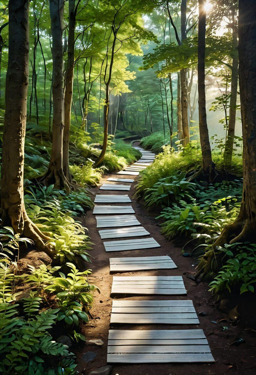 A serene pathway winding through a lush green forest, symbolizing the journey of healing, with light filtering through the trees, casting a warm glow. Alongside, there are supportive figures holding hands, representing community and empowerment. Integrate elements of wellness like soft yoga mats and healing crystals tucked gently along the path. The atmosphere should feel hopeful and uplifting, with a harmonious blend of nature. super-realistic. vibrant colors. soft lighting.